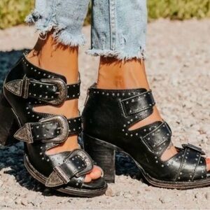 Freebird Black Studded Buckle Sandals